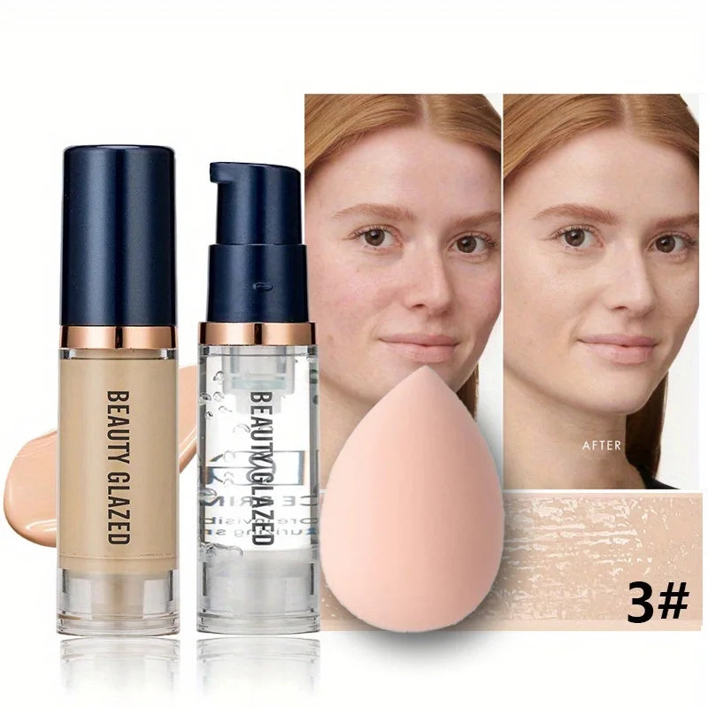 Beauty Glazed 3-Piece Makeup Set | Foundation + Primer + Sponge | ✅ FREE UK Delivery