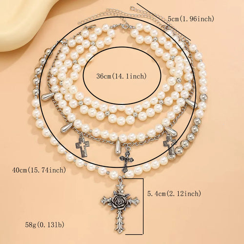 3-Layered Faux Pearl Necklace Set – Vintage Baroque Style with Cross Pendant FREE UK Delivery
