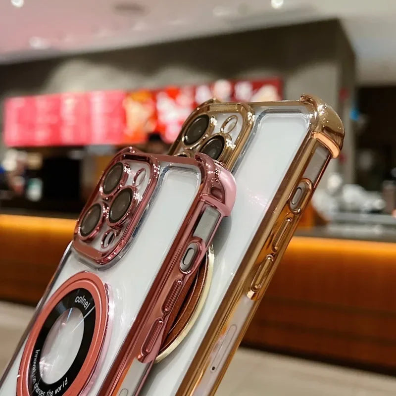 Luxury Plating Shockproof Magnetic Bracket For Magsafe Clear Case For iPhone 15 16 14 13 12 11 Pro Max With Holder Stand Cover