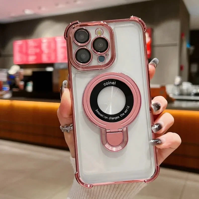 Luxury Plating Shockproof Magnetic Bracket For Magsafe Clear Case For iPhone 15 16 14 13 12 11 Pro Max With Holder Stand Cover