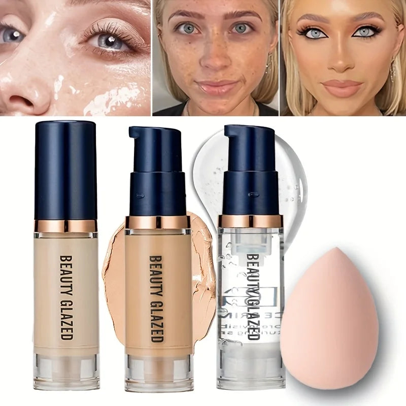 Beauty Glazed 3-Piece Makeup Set | Foundation + Primer + Sponge | ✅ FREE UK Delivery