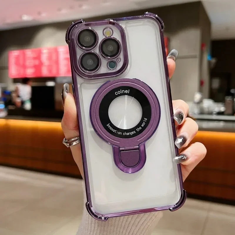 Luxury Plating Shockproof Magnetic Bracket For Magsafe Clear Case For iPhone 15 16 14 13 12 11 Pro Max With Holder Stand Cover