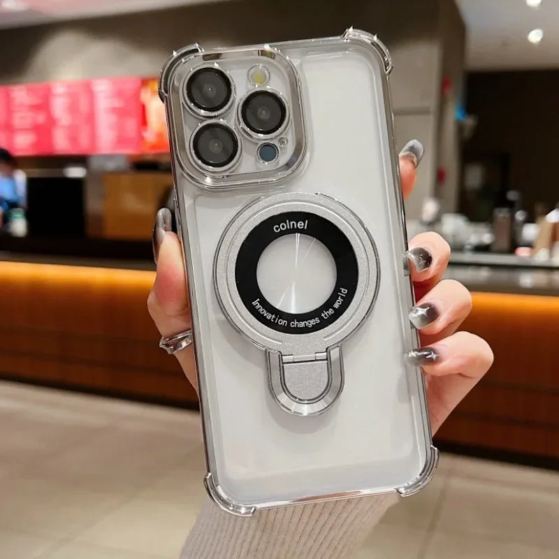 Luxury Plating Shockproof Magnetic Bracket For Magsafe Clear Case For iPhone 15 16 14 13 12 11 Pro Max With Holder Stand Cover
