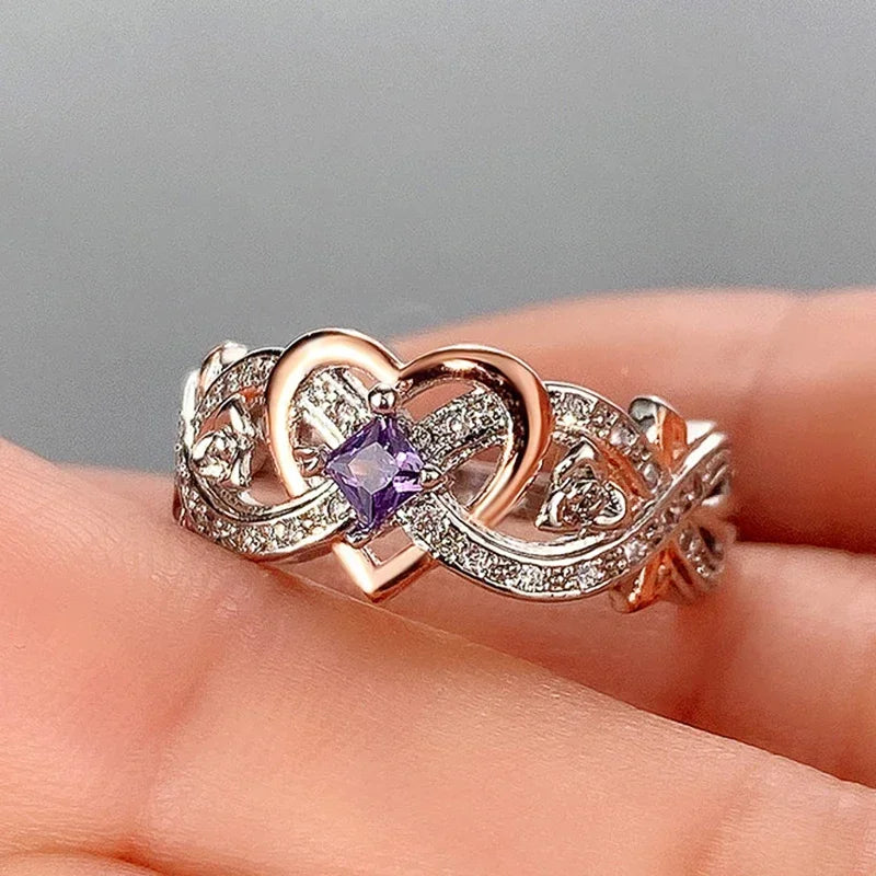 Luxury Women Love Heart Rings Romantic Rose Flower Ring Design Elegant Purple Zircon Wedding Rings Fashion Jewelry Кольца