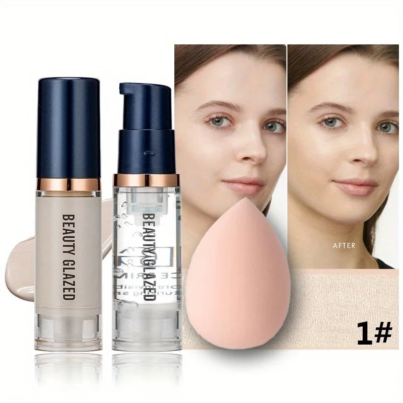 Beauty Glazed 3-Piece Makeup Set | Foundation + Primer + Sponge | ✅ FREE UK Delivery