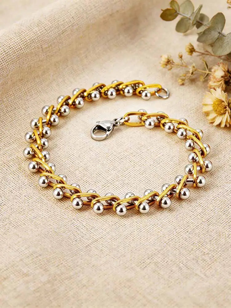 Gold & Silver Two-Tone Beaded Bracelet – Minimalist Stackable Layered Jewelry, Trendy Elegant Accessory for Women, Party & Daily Wear ✅FREE UK Delivery
